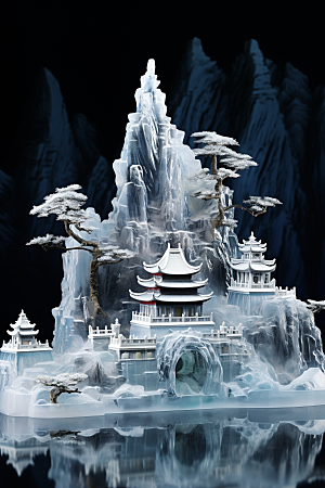 中国风冰雕仙境冰雪艺术渲染图