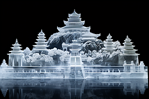 中国风冰雕冰雪艺术晶莹剔透渲染图