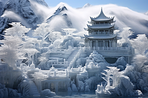 中国风冰雕山水楼阁透明渲染图