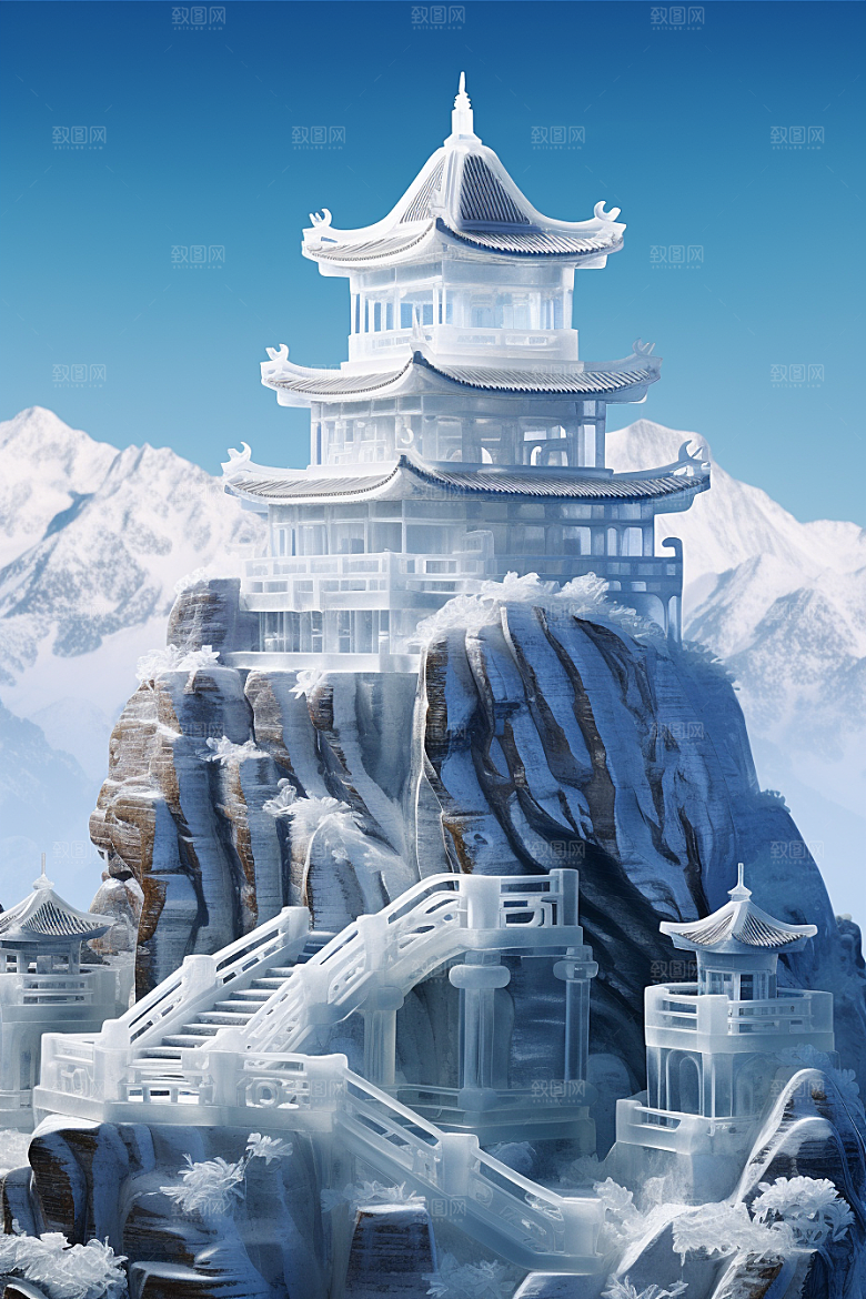 中国风冰雕晶莹剔透冰雪艺术渲染图