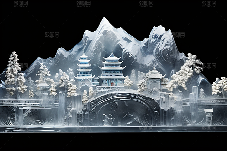 中国风冰雕天宫透明渲染图