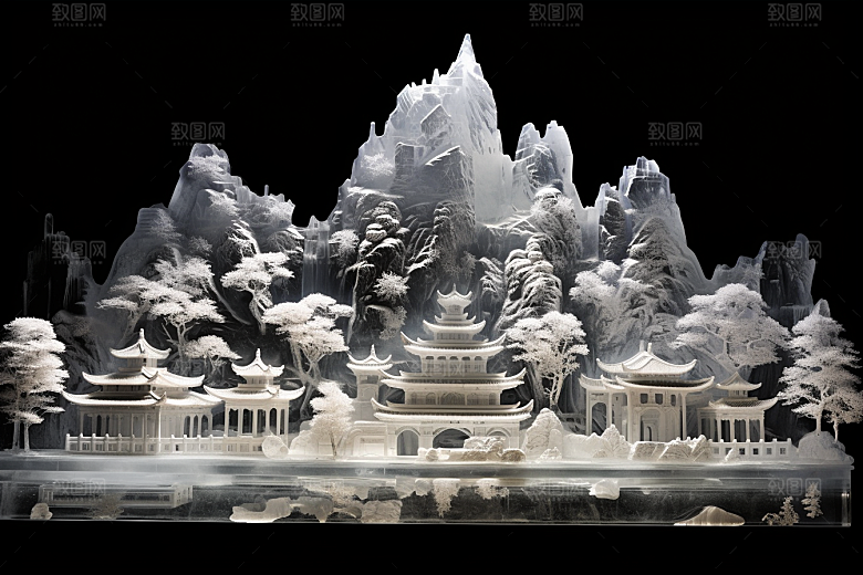 中国风冰雕透明仙境渲染图