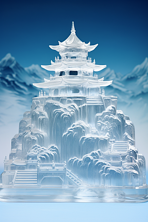 中国风冰雕冰雪艺术透明渲染图