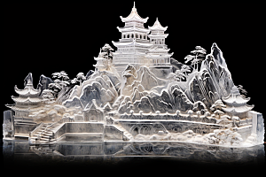 中国风冰雕唯美晶莹剔透渲染图