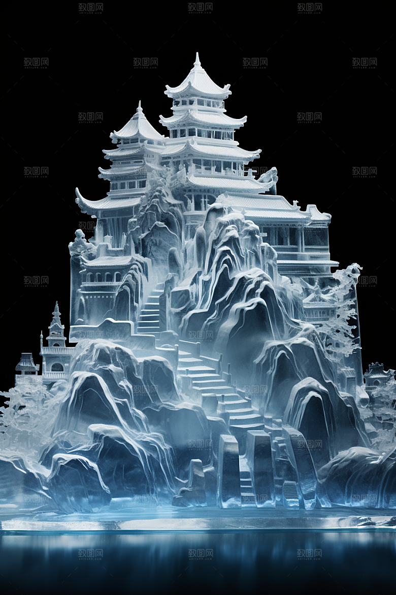 中国风冰雕透明仙境渲染图