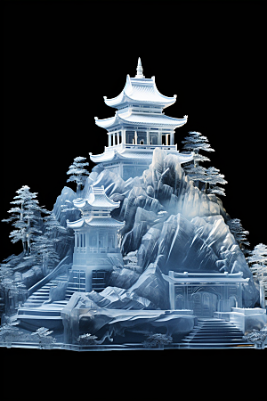 中国风冰雕山水楼阁唯美渲染图
