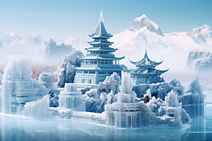 中国风冰雕模型天宫渲染图