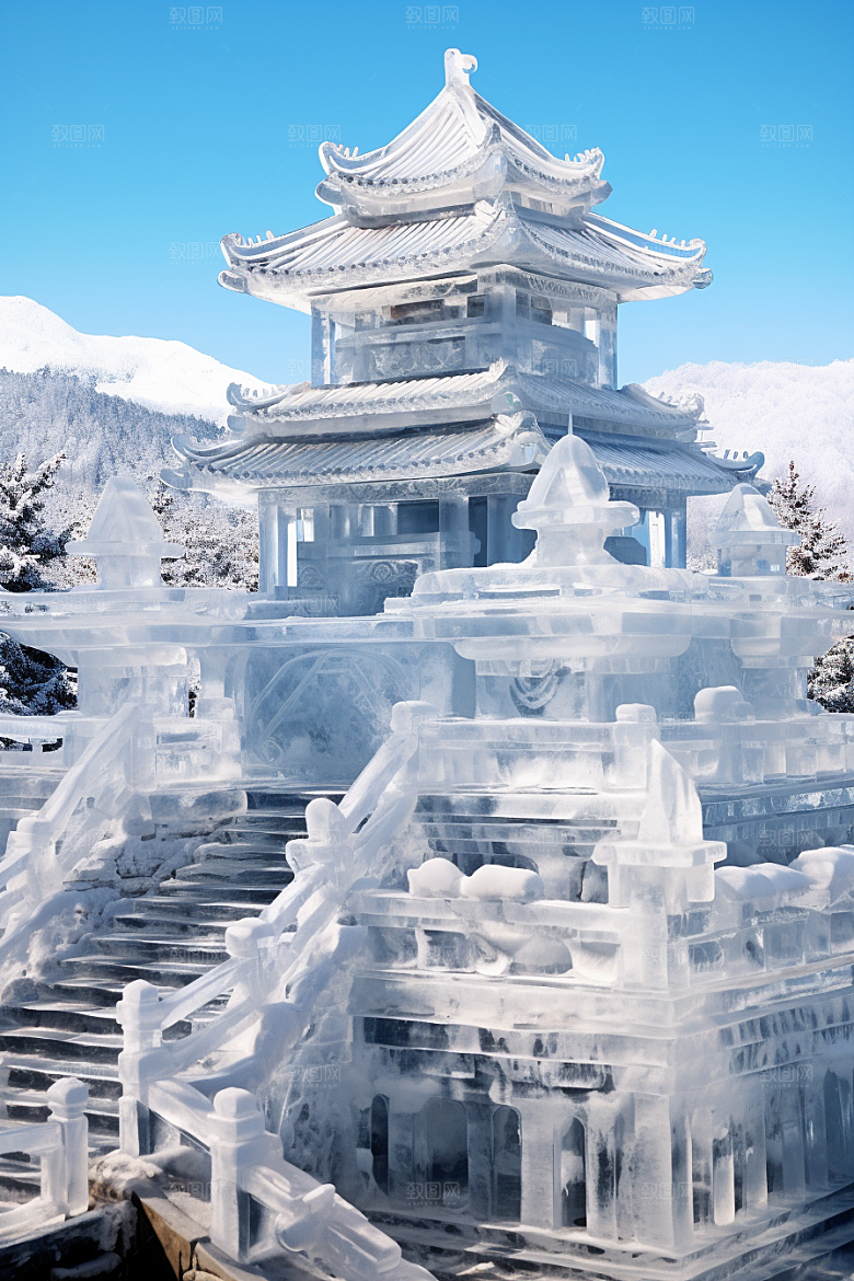 中国风冰雕冰雪艺术山水楼阁渲染图