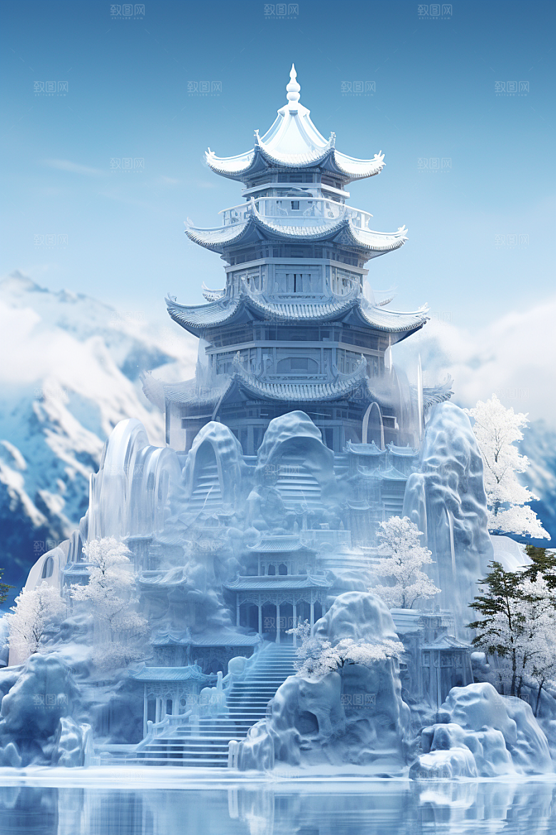 中国风冰雕晶莹剔透冰雪艺术渲染图