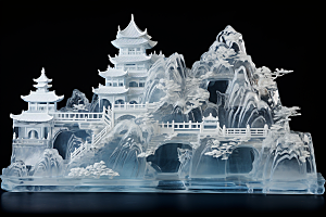 中国风冰雕模型晶莹剔透渲染图