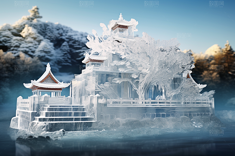 中国风冰雕冰雪艺术唯美渲染图