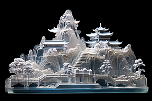 中国风冰雕晶莹剔透冰雪艺术渲染图