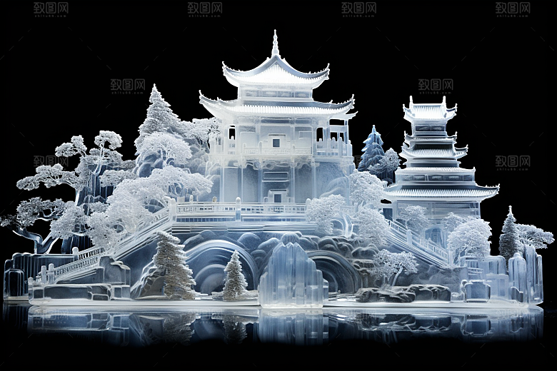 中国风冰雕山水楼阁雕塑渲染图