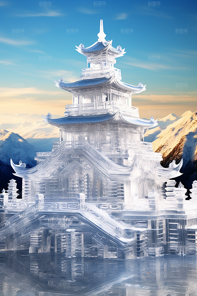 中国风冰雕唯美天宫渲染图