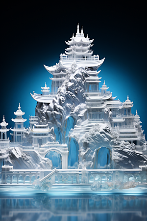 中国风冰雕天宫雕塑渲染图