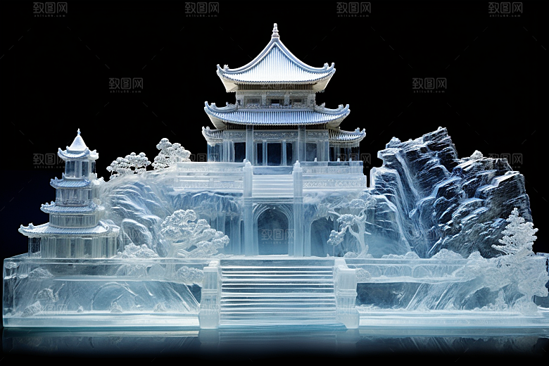 中国风冰雕仙境雕塑渲染图