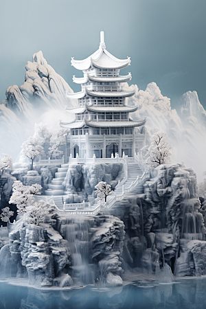 中国风冰雕仙境晶莹剔透渲染图