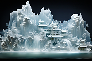 中国风冰雕仙境雕塑渲染图
