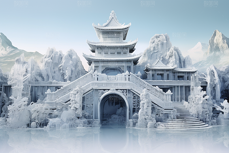 中国风冰雕山水楼阁透明渲染图