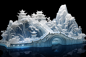 中国风冰雕仙境模型渲染图