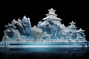 中国风冰雕模型透明渲染图