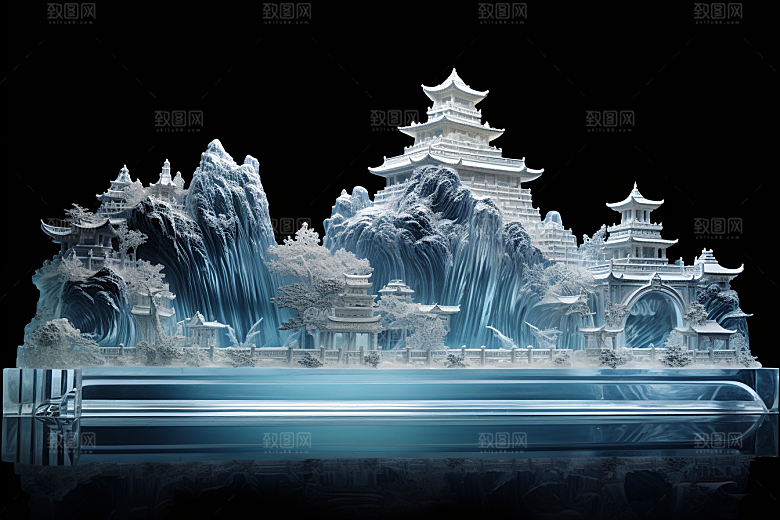 中国风冰雕模型透明渲染图