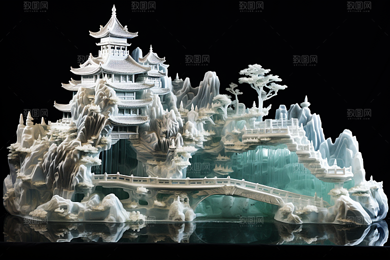 中国风冰雕晶莹剔透唯美渲染图