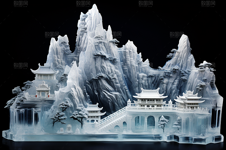 中国风冰雕山水楼阁雕塑渲染图