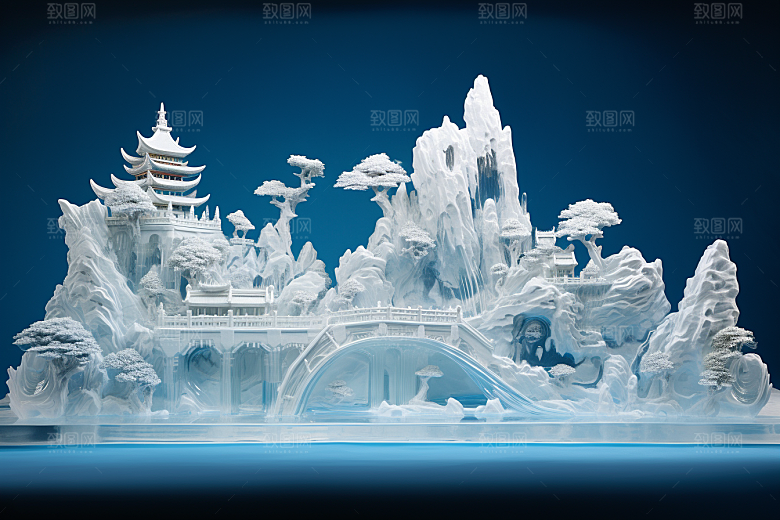 中国风冰雕晶莹剔透雕塑渲染图