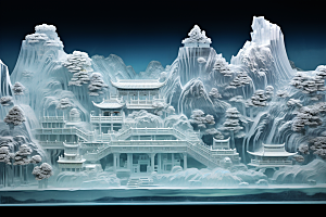 中国风冰雕山水楼阁雕塑渲染图