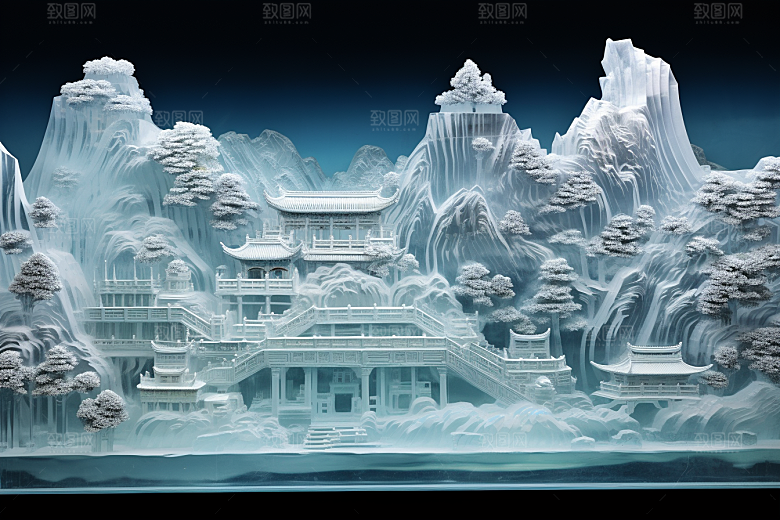 中国风冰雕山水楼阁雕塑渲染图