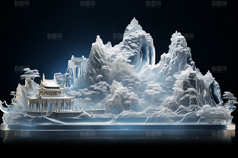 中国风冰雕冰雪艺术仙境渲染图