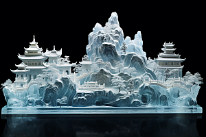 中国风冰雕模型冰雪艺术渲染图