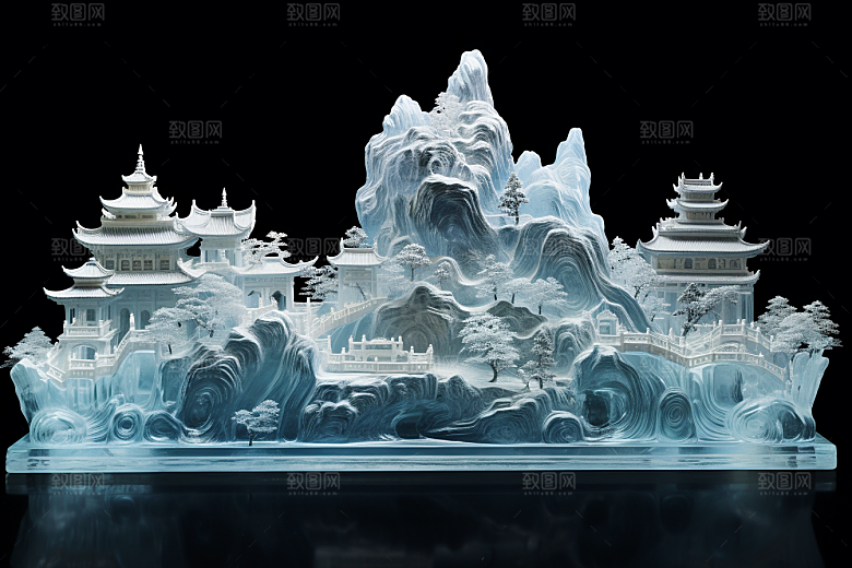 中国风冰雕模型冰雪艺术渲染图