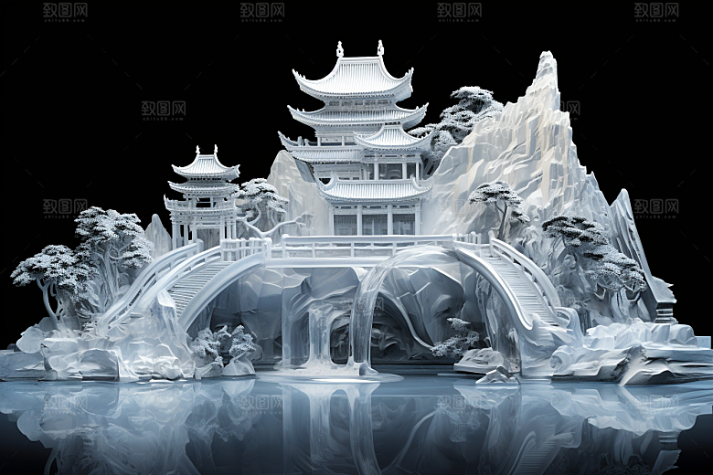 中国风冰雕模型雕塑渲染图