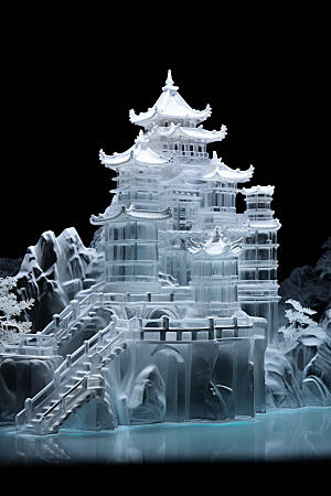 中国风冰雕山水楼阁模型渲染图