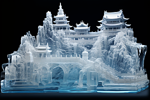 中国风冰雕透明晶莹剔透渲染图