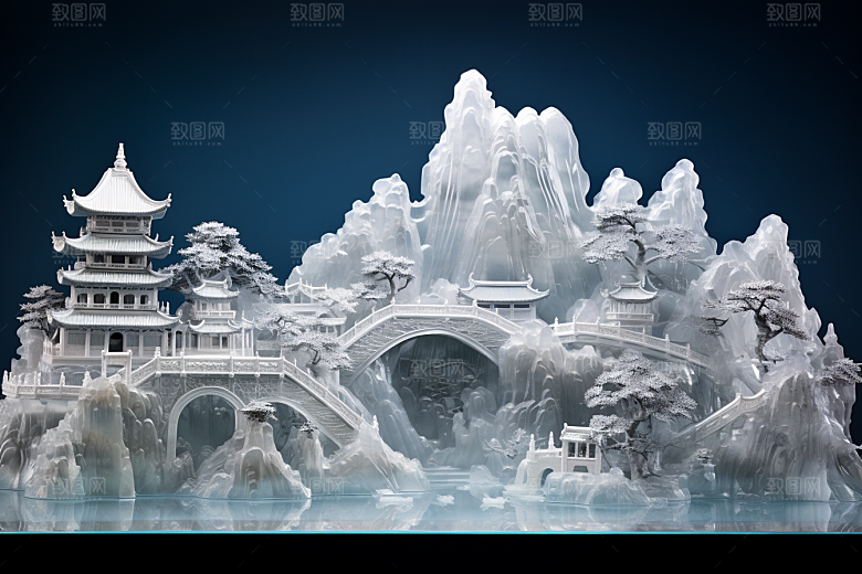 中国风冰雕晶莹剔透冰雪艺术渲染图