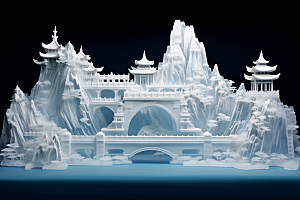 中国风冰雕模型仙境渲染图