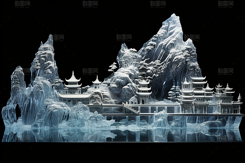 中国风冰雕天宫模型渲染图
