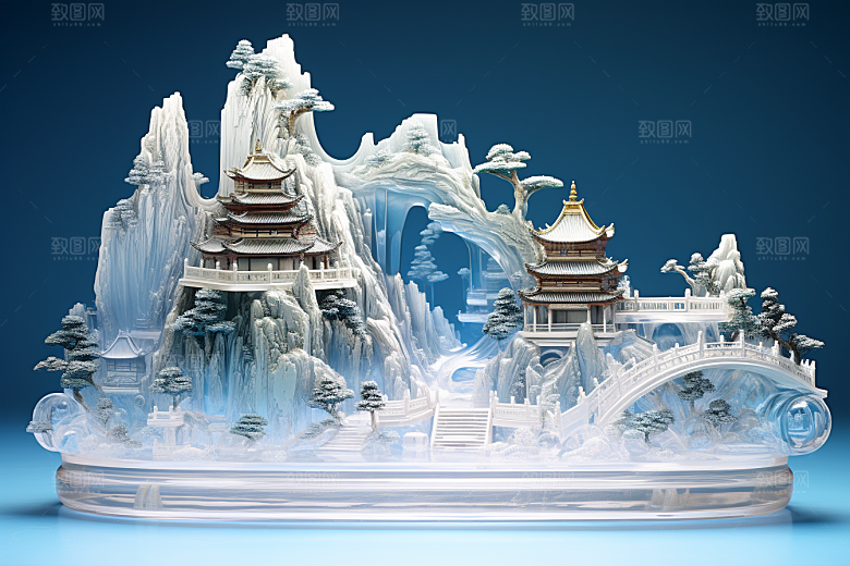 中国风冰雕仙境雕塑渲染图