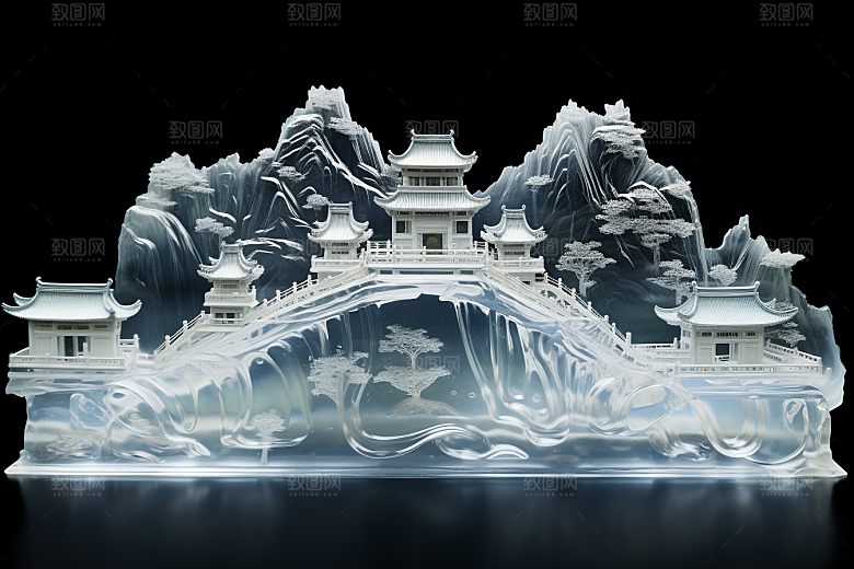 中国风冰雕唯美透明渲染图