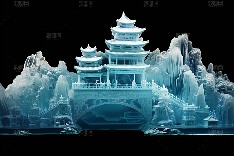 中国风冰雕模型仙境渲染图