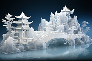 中国风冰雕雕塑透明渲染图