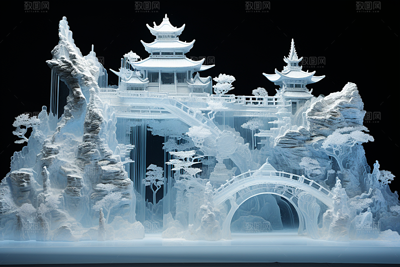 中国风冰雕透明唯美渲染图