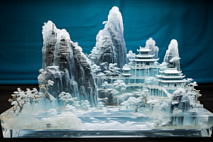 中国风冰雕晶莹剔透模型渲染图