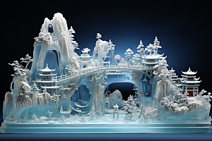 中国风冰雕冰雪艺术雕塑渲染图