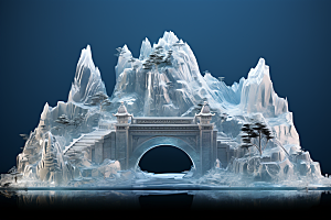 中国风冰雕晶莹剔透雕塑渲染图