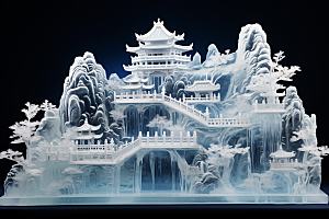 中国风冰雕晶莹剔透山水楼阁渲染图