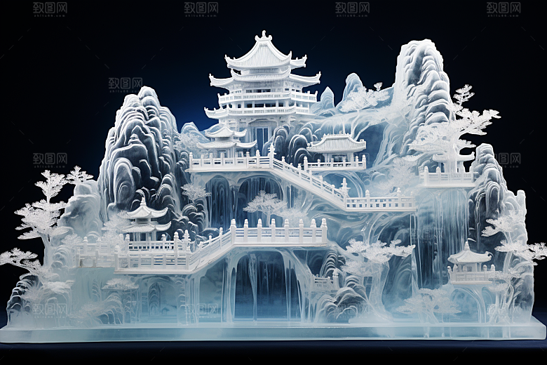 中国风冰雕晶莹剔透山水楼阁渲染图